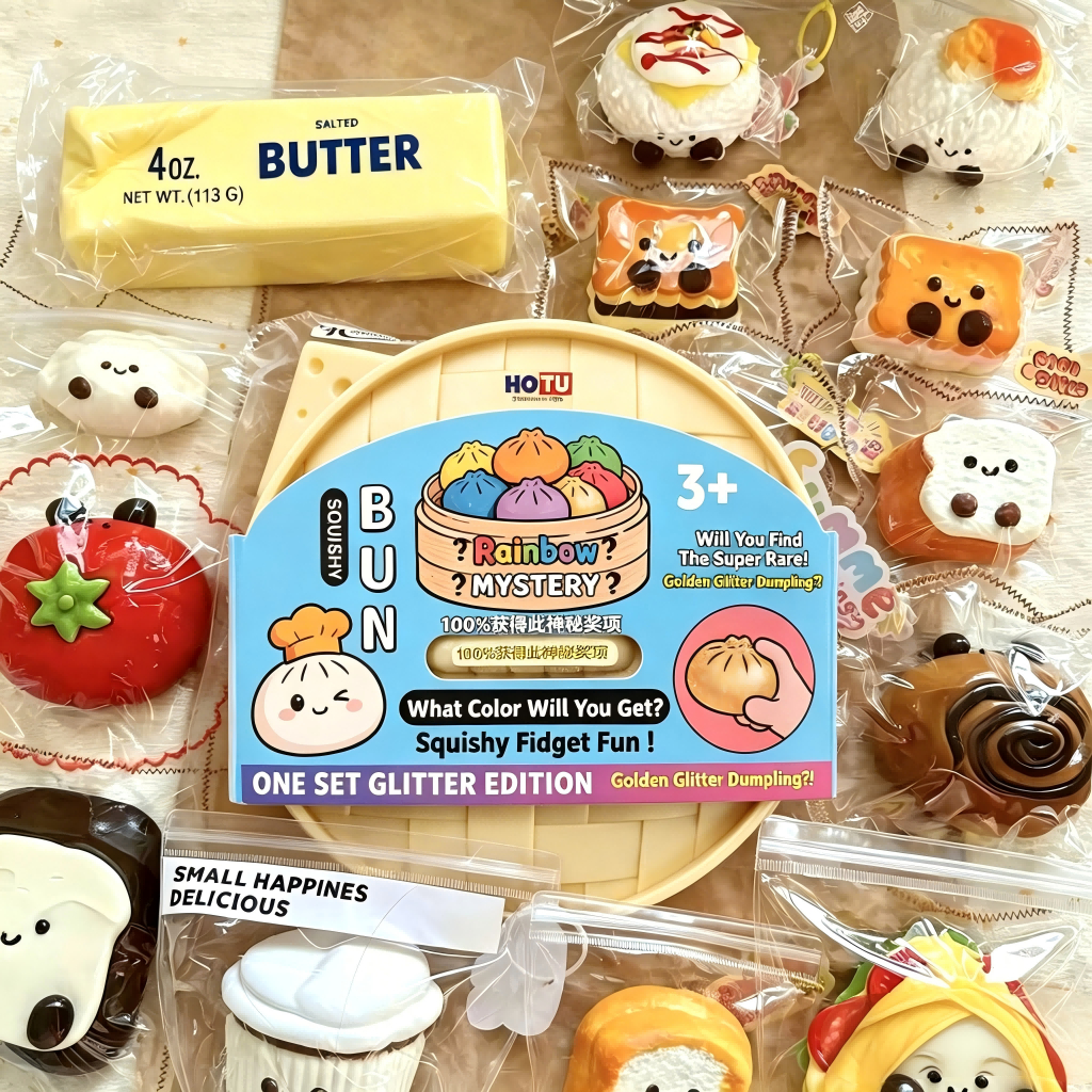 ของสุ่ม 3 ชิ้น คุณจะได้รับของเล่นคลายเครียด 3 ชิ้นแบบสุ่ม และคุณจะได้รับซาลาเปาไส้เนื้อนุ่มหนึบ (8.5 cm) อย่างแน่นอน