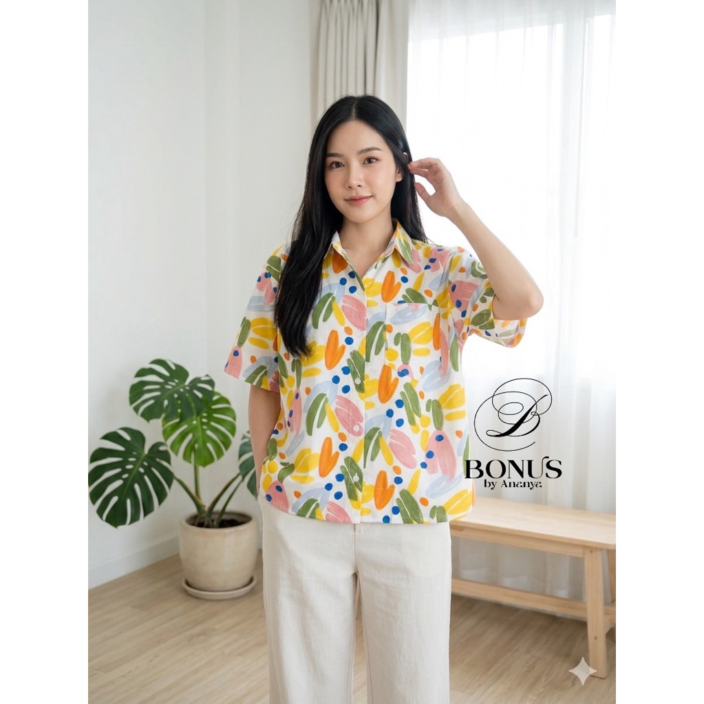 🔅Bonus  เสื้อคอปกเชิ้ตแขนสั้นผ้าคอตตอนญี่ปุ่น 🇯🇵100% กระดุมหน้าแขนในตัวชายตรง ผ่าข้างบอกเลยน่ารักสุดๆ
