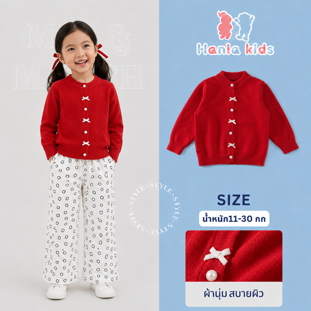 Hania kids พร้อมจัดส่ง เสื้อไหมพรมเด็กผู้หญิง คาร์ดิแกนสีแดง น่ารัก สไตล์เกาหลี ใส่หน้าหนาว - K5135867