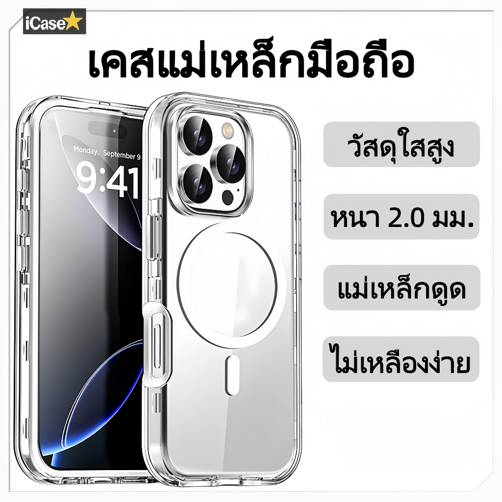 เคสโทรศัพท์แม่เหล็กใส กันตก ไม่เหลืองง่าย วัสดุผสม TPU+PC ใช้ได้กับซีรีส์ iP 14/15/16/17