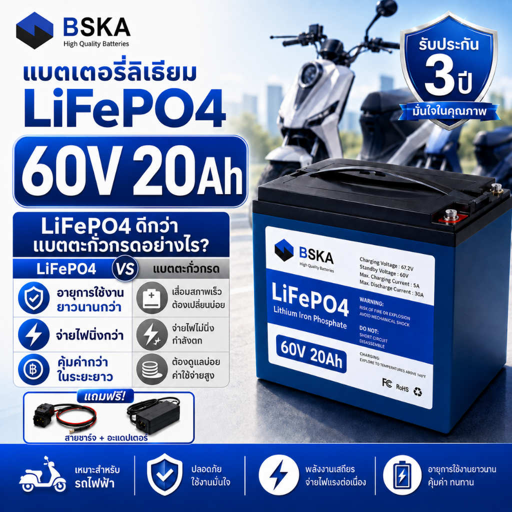 แบตเตอรี่ลิเธียม BSKA 60V20Ah LiFePO4 แบตลิเธียมฟอสเฟต อัปเกรดจากแบตตะกั่วกรด น้ำหนักเบา ใช้งานนาน รับประกัน 3 ปี