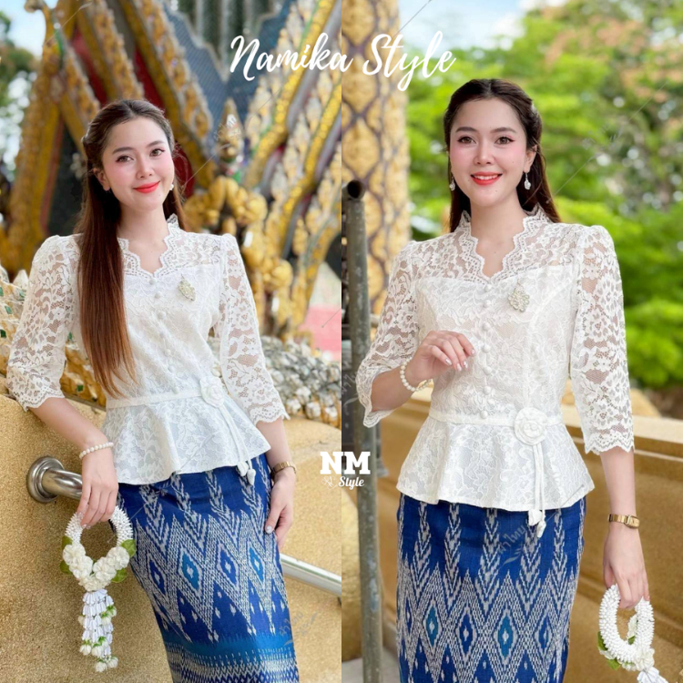 เสื้อลูกไม้ คอวี แขนสั้น งานชายย้วย คาดเอว แต่งดอกไม้น่ารักๆ ใส่ไปทำงาน หรือใส่ไปทำบุญสวยมาก