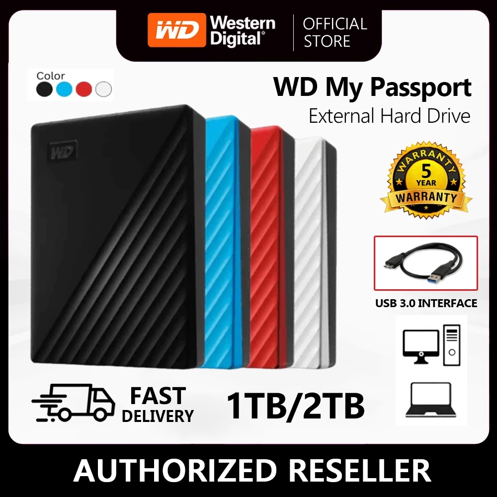 WD My Passport Portable 1TB 2TB HDD USB 3.0 Portabel Extemal Hard Disk Drive Western Digital ฮาร์ดดิสพกพา Black White