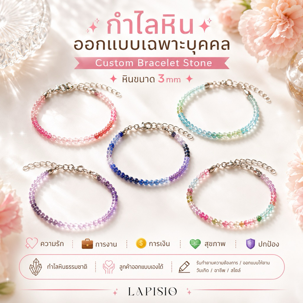 LAPISIO | Custom กำไลหินสั่งทำเฉพาะบุคคล /  รับออกแบบกำไลข้อมือหินเฉพาะบุคคล ลูกค้าเลือกหิน/จี้เองได้ หินเจียมขนาด 3 mm.
