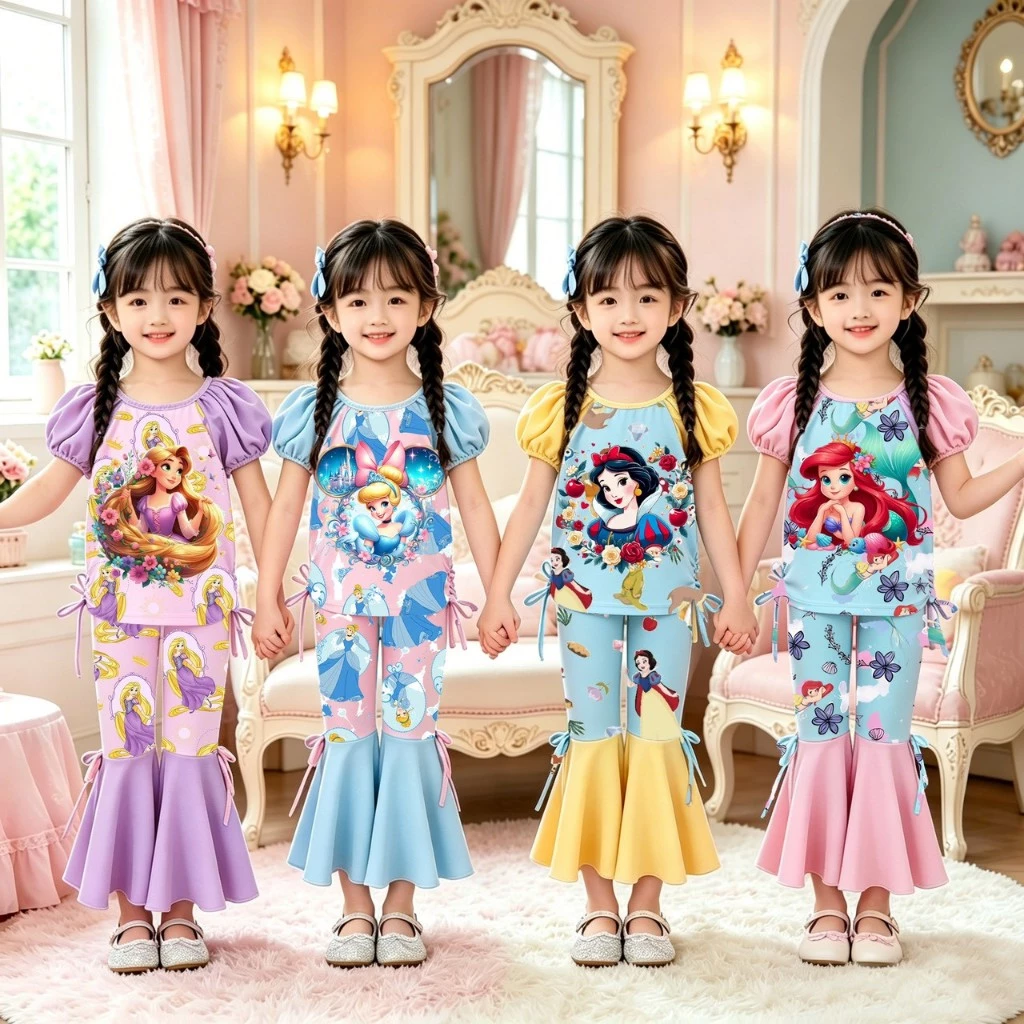 MC351 ชุดแฟชั่นประจำวันเด็กสาว ลายภาพสาวน้อยสไตล์หวาน ดีเทลริบบิ้นผูกข้างกางเกง ผ้าสบายไม่ระคายผิว เหมาะฤดูร้อน