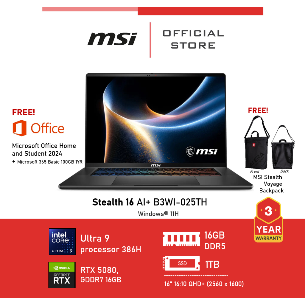 MSI Stealth 16 AI+ B3WI-025TH (NVIDIA® GeForce RTX™ 5080 Laptop GPU, GDDR7 16GB)	 Laptop