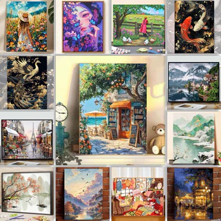 ภาพระบายสีตามตัวเลข ขึงเฟรมไม้พร้อมอุปกรณ์ ขนาด 40×50 CM ฝึกสมาธิ ของขวัญ DIY สำหรับตกแต่งบ้าน Paint by Numbers
