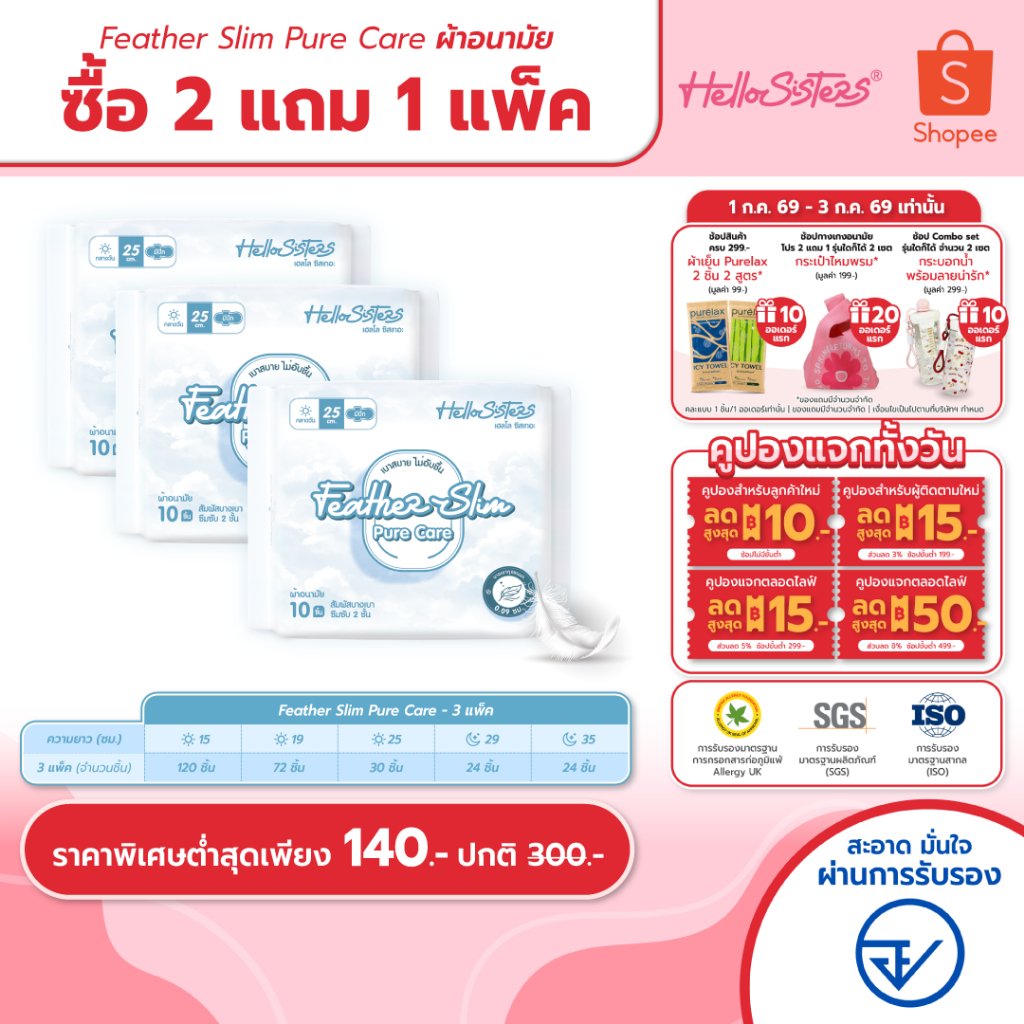 [เลือกความยาวเลย] 2 แถม 1 Feather Slim Pure Care HelloSisters เฮลโล ซิสเทอะ ผ้าอนามัย มีปีกและไม่มีปีก 15-35 ซม.