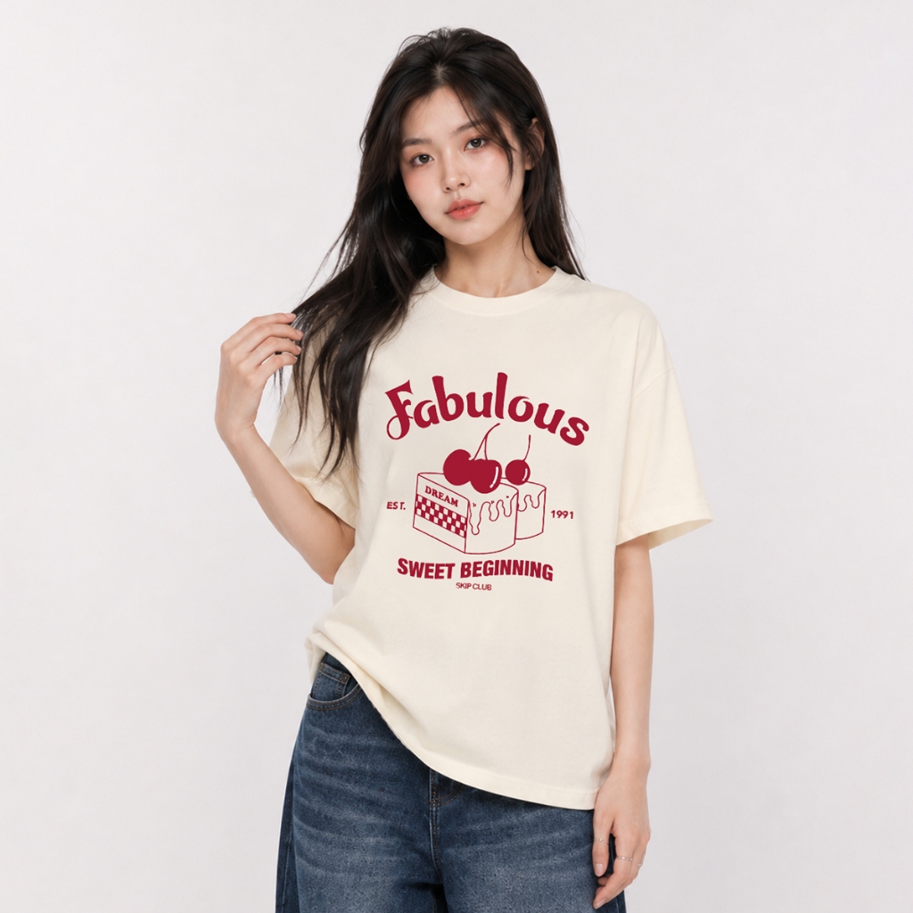 SKIP CLUB เสื้อทีเชิ้ต Relaxed Fit  ผู้หญิง สีครีม | Relaxed Fit  T- shirt | 00007
