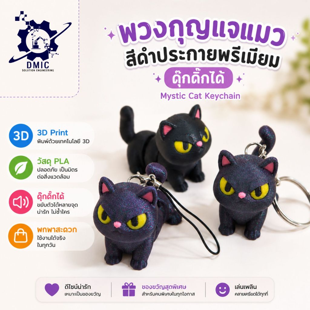 พวงกุญแจแมว สีดำประกายพรีเมียม ดุ๊กดิ๊กได้ (Mystic Cat Keychain) 3D Print วัสดุ PLA