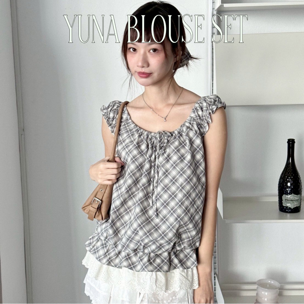Choosedress A4684 Yuna Blouse Set เสื้อปาดไหล่ลายสก็อตดีเทลลูกไม้+ยางรัดผม