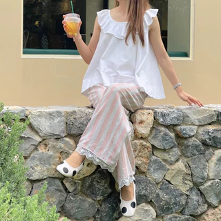 (S-3XL) Garden Bacon pants C4793 กางเกงขายาวปลายลูกไม้ 🌷