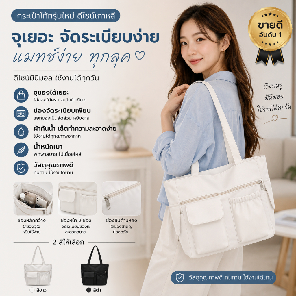 กระเป๋าโท้ทผู้หญิงสไตล์ลำลอง ดีไซน์กระเป๋าหน้าคู่ ความจุขนาดใหญ่ พร้อมซิปเปิด-ปิด ใช้งานสะดวก