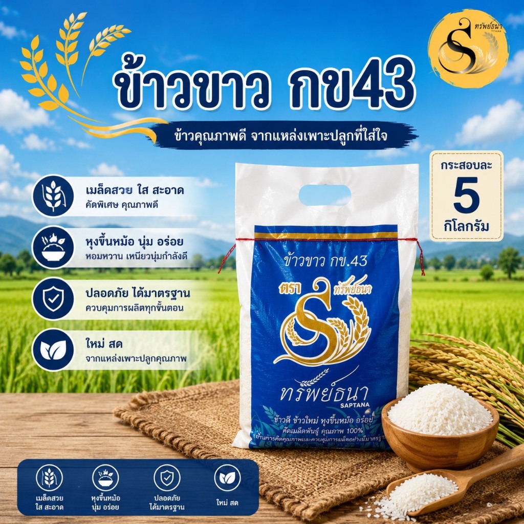 ข้าวขาวกข43 กระสอบ 5 กิโลกรัม อร่อย คุ้มค่าเต็มกระสอบ