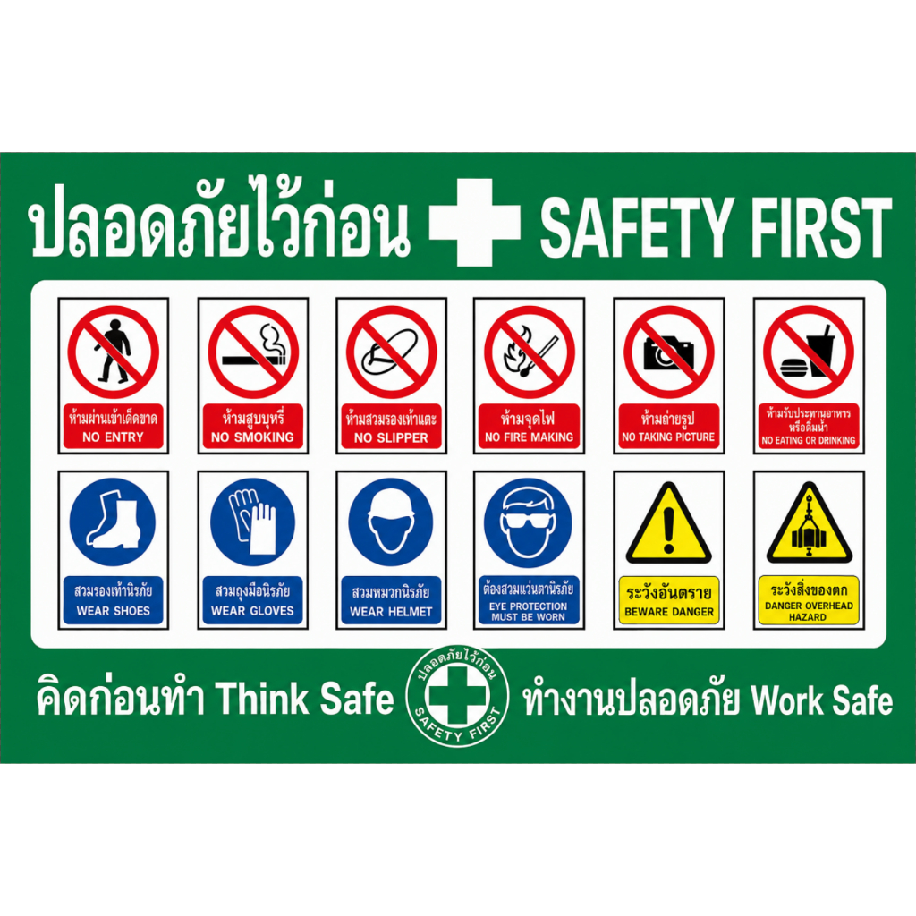 ป้ายเซฟตี้ ป้ายปลอดภัยใว้ก่อน SAFETY FIRST ติดหน้าสถานที่ก่อสร้าง ป้ายไวป้ายไวนิลพร้อมส่ง ทนแดด ทนฝน สีสด