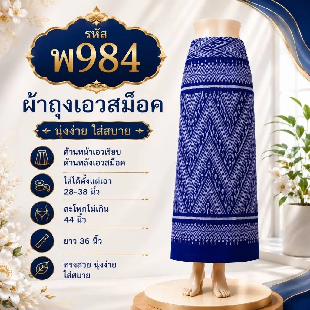 ผ้าถุงสำเร็จทรงไทยจิตรลดา รุ่นเอวยางยืดสม็อคหลัง
