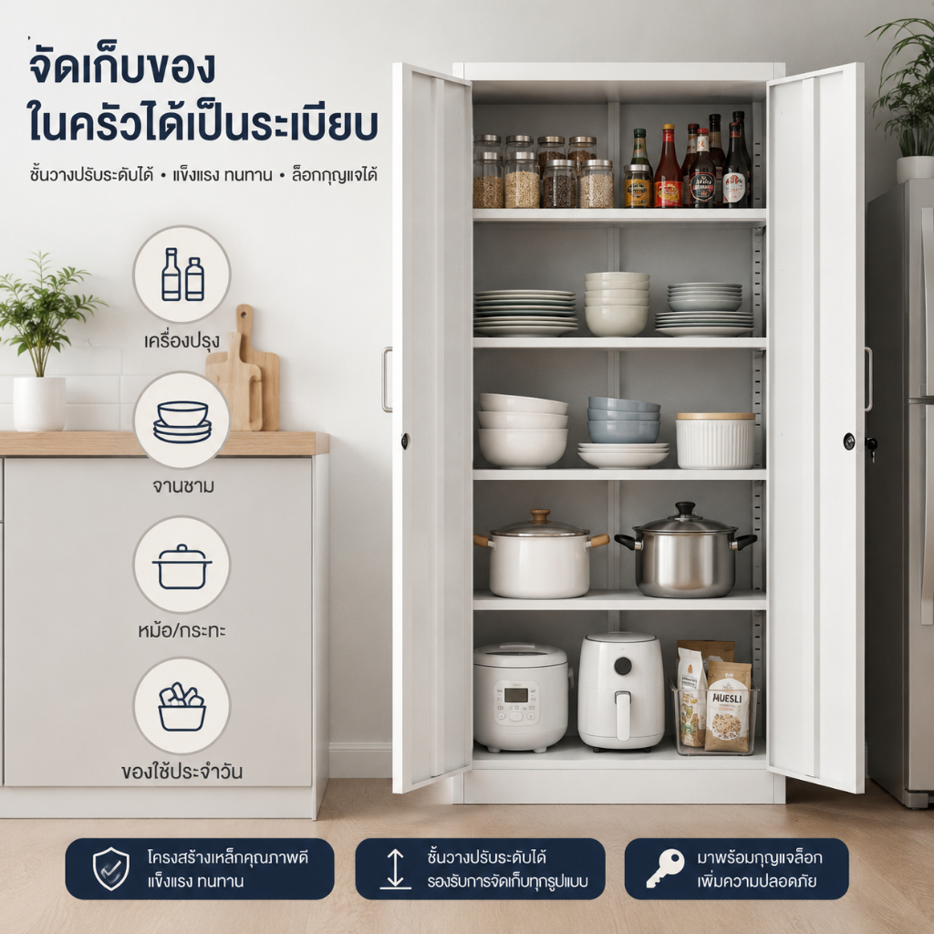 ตู้เก็บของในครัวเหล็กสีขาว ตู้เก็บของอเนกประสงค์สำหรับบ้าน ตู้เก็บเอกสารเหล็กกันสนิมและกันแมลง ตู้เหล็กแผ่น
