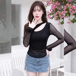 สินค้าพร้อมส่ง เสื้อแฟชั่น แขนกุหลาบ ผ้าซีทรู เว้าอก มีซับใน สไตล์เวียดนาม ใส่แมท LG341