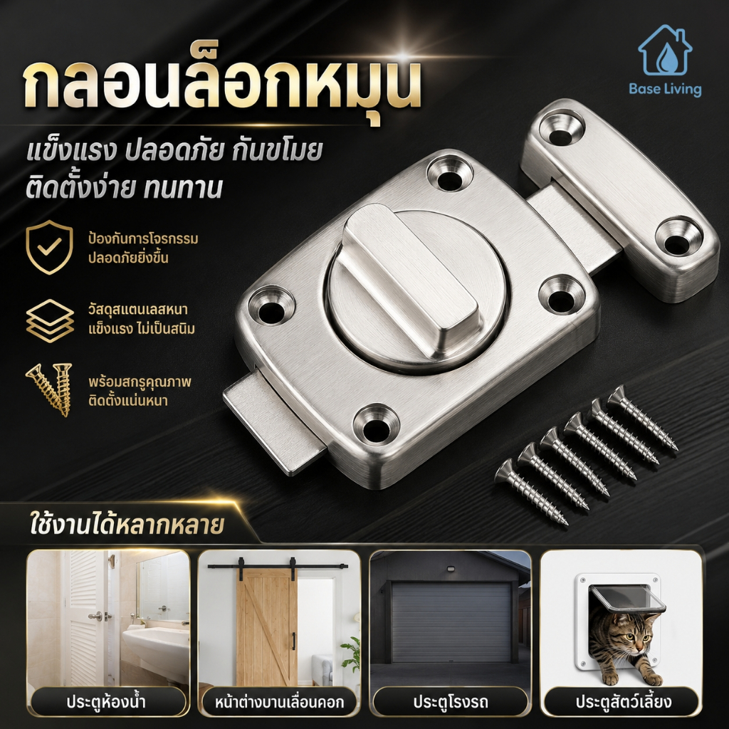 กลอนหมุนล็อคสแตนเลส304หนา กันขโมย พร้อมสกรู กันน้ำกันสนิม แข็งแรง ติดตั้งง่าย ห้องน้ำโรงรถสัตว์เลี้ยงบ้าน