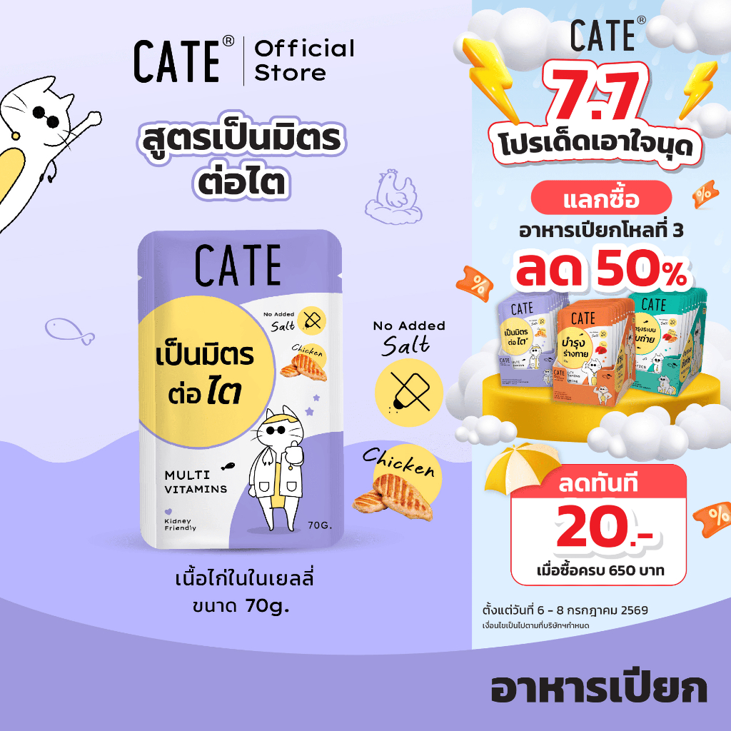 ยกโหล (12 ซอง) CATE เคท อาหารเปียกแมว สูตรเป็นมิตรต่อไต 70 g. อาหารเปียกแมวไม่ทำร้ายไต