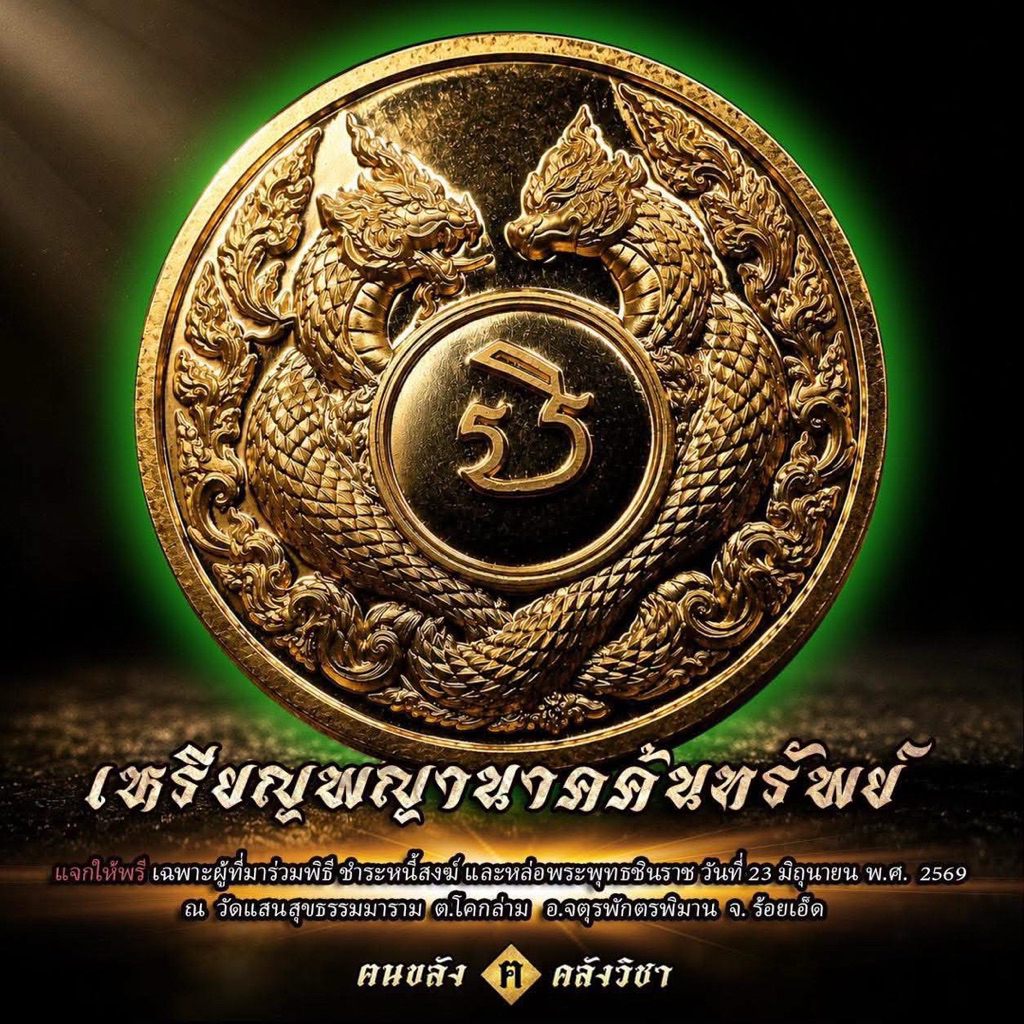 เหรียญพญานาคค้นทรัพย์ งานบุญหล่อพระชำระหนี้สงฆ์ ที่วัดแสนสุขธรรมาราม จ.ร้อยเอ็ด แถมสายสิญจน์ตัดแบ่งงานหล่อพระชำระหนี้สงฆ