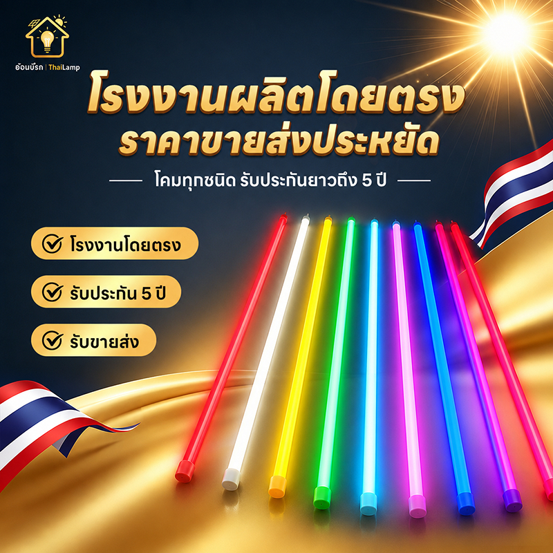 T8หลอดไฟงานวัด หลอดงานวัด ไฟงานวัด LED 18วัตต์ ไฟนีออนสี กันน้ำฝน ตกแต่งหน้าร้าน ตลาดนัด ป้ายร้าน