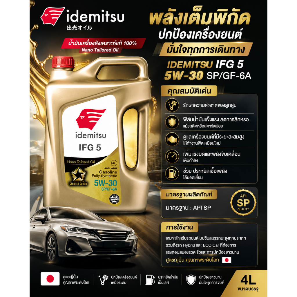 น้ำมันเครื่องรถยนต์สังเคราะห์100% อิเดมิตซึ IDEMITSU IFG5 5W-30 SP/GF-6A น้ำมันเครื่องเบนซินสังเคราะห์แท้ 100%