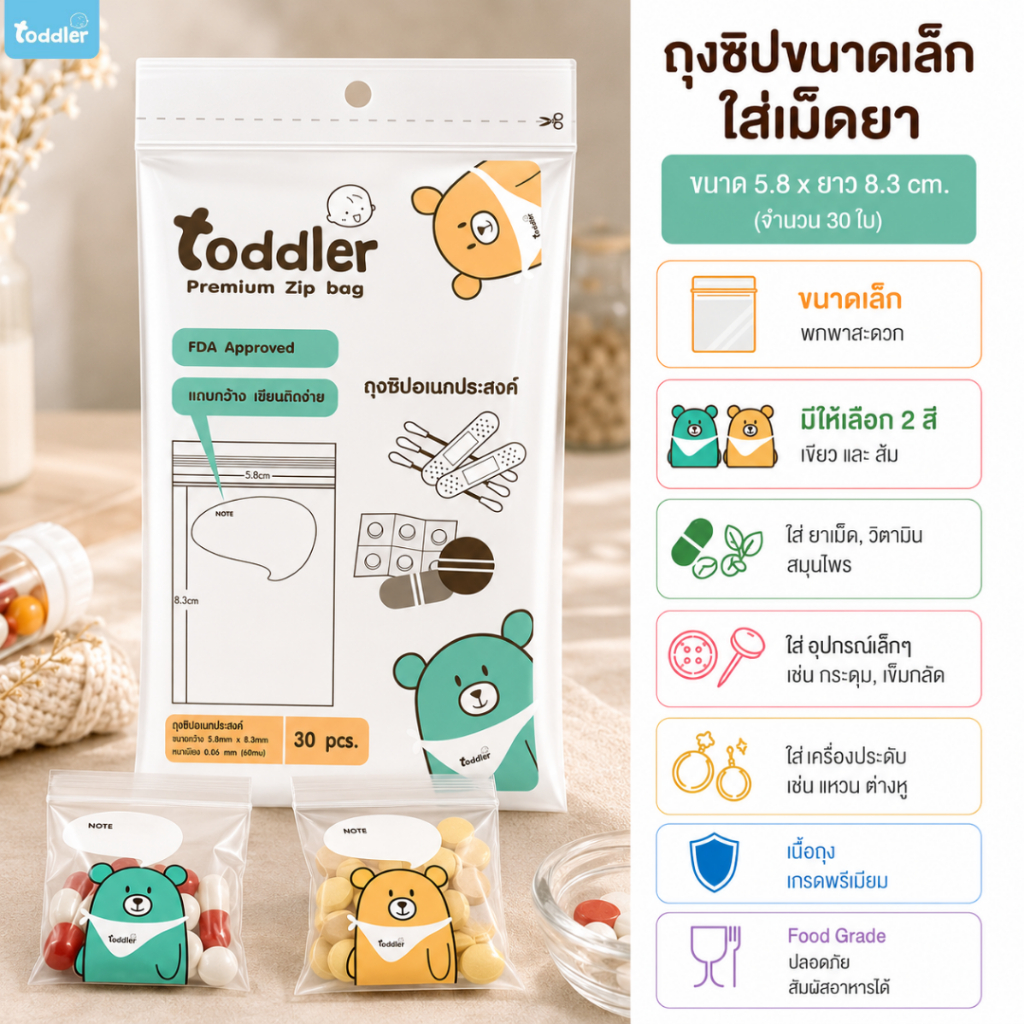 (ถุงใส่ยา) Toddlerfamily  ถุงซิปล็อคอเนกประสงค์ขนาดเล็ก ใส่เม็ดยา ลูกอม (แพคละ 30 ใบ)