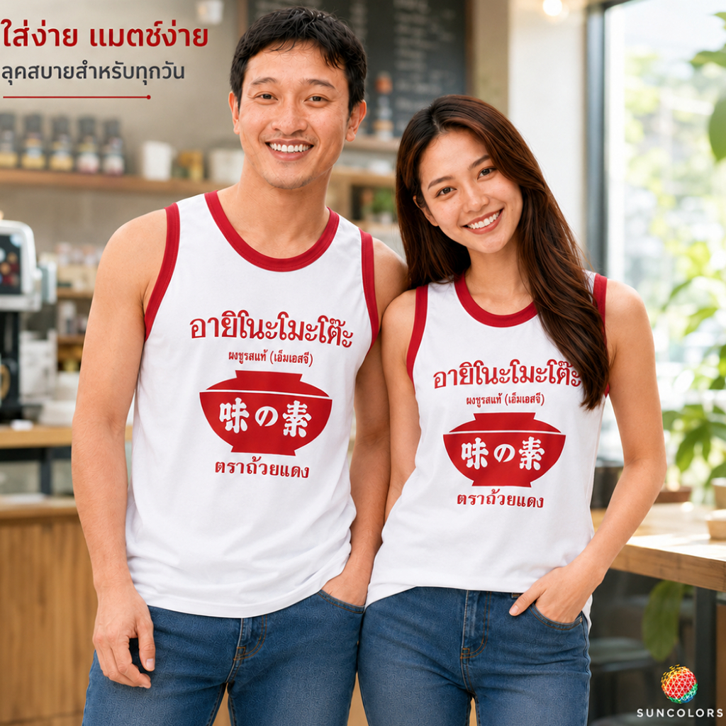 เสื้อกล้ามแขนกุดลายกราฟิก Ajinomoto สีขาวขอบแดง เสื้อกีฬา Unisex ผ้าไมโครโพลีเอสเตอร์ ไซส์ S-2XL Suncolor
