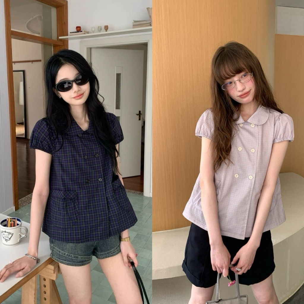 พร้อมส่ง 10264# เสื้อคอปก งานกระดุมหน้า ลายสกอต มีกระเป๋าด้านหน้า เนื้อผ้าดี งานสวย TAG:WG.WE