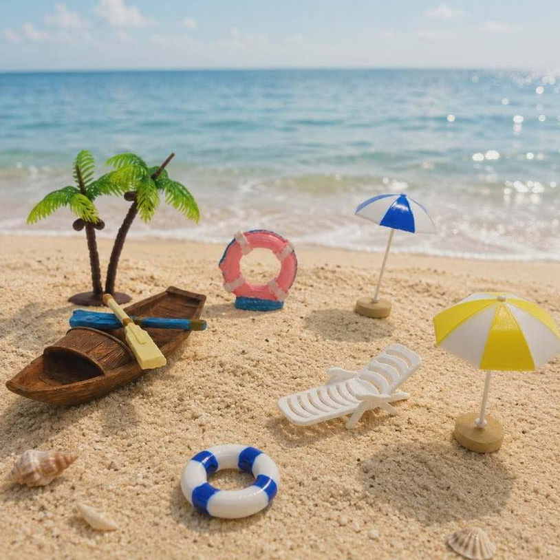 j735C ชุดของจิ๋วชายหาดเรือพาย ห่วงยาง ร่มชายหาด