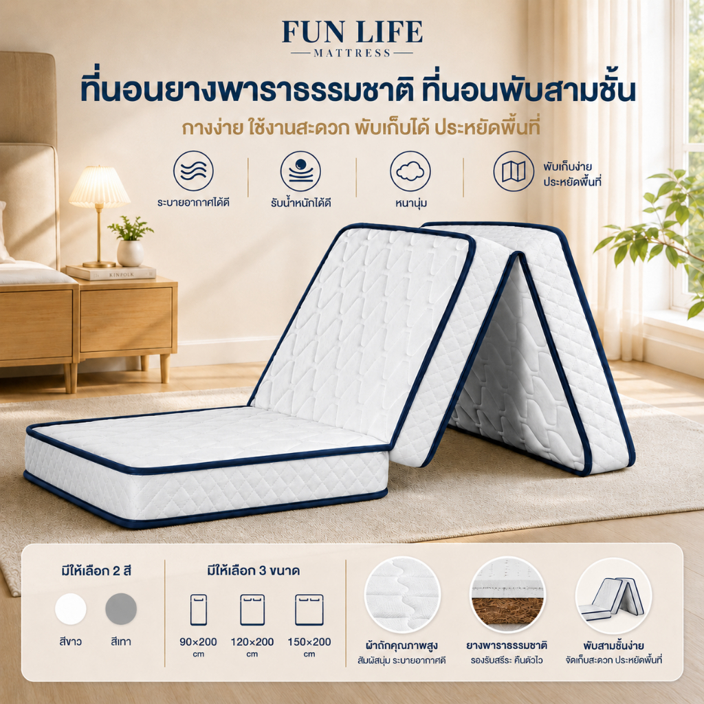 FLM ที่นอนยางพาราแบบพับได้ ที่นอนหอพัก ป้องกันอาการปวดหลัง พกพาสะดวก ช่วยลดเเรงกดทับ