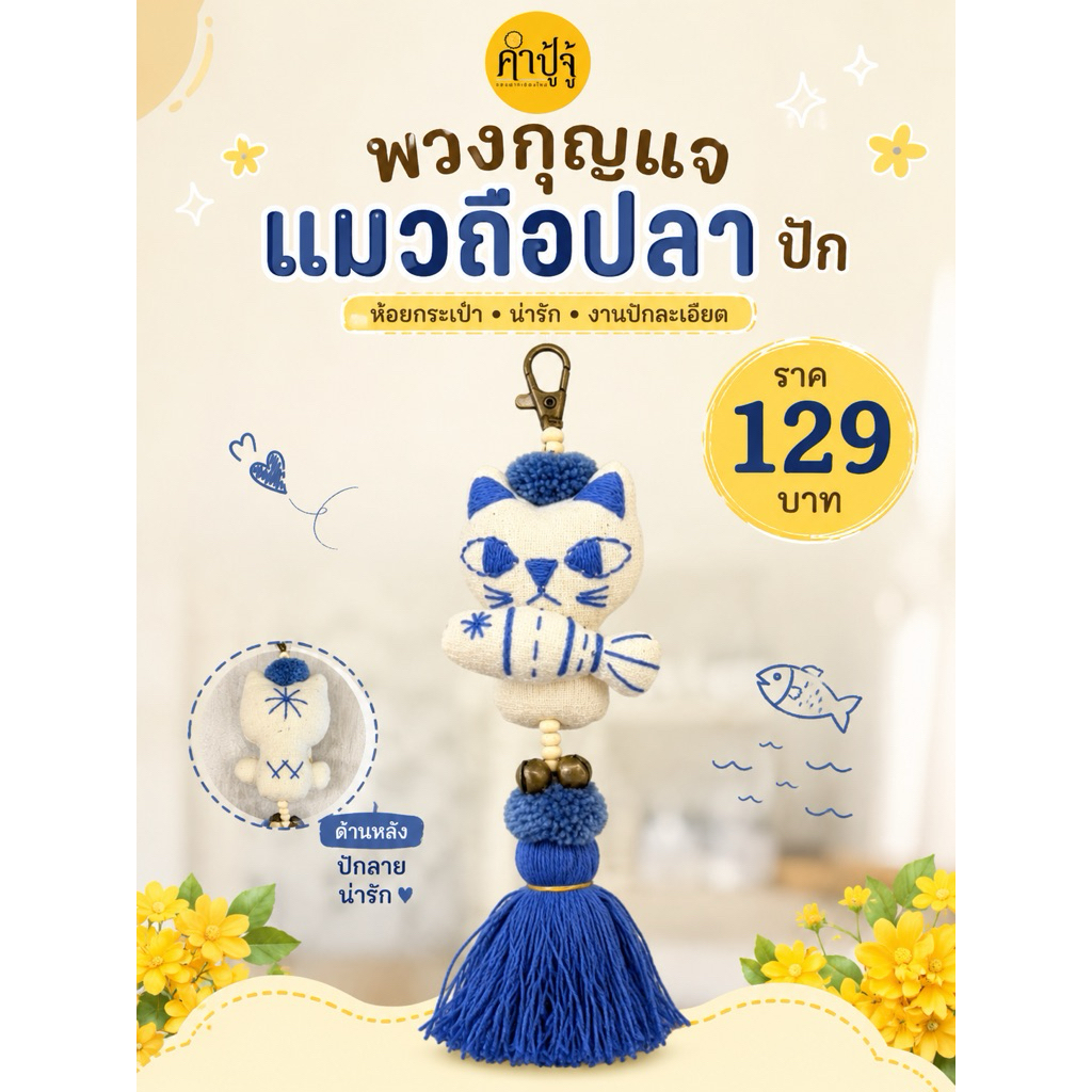 พวงกุญแจแมวถือปลา งานปักมือ พู่คราม มีกระดิ่ง