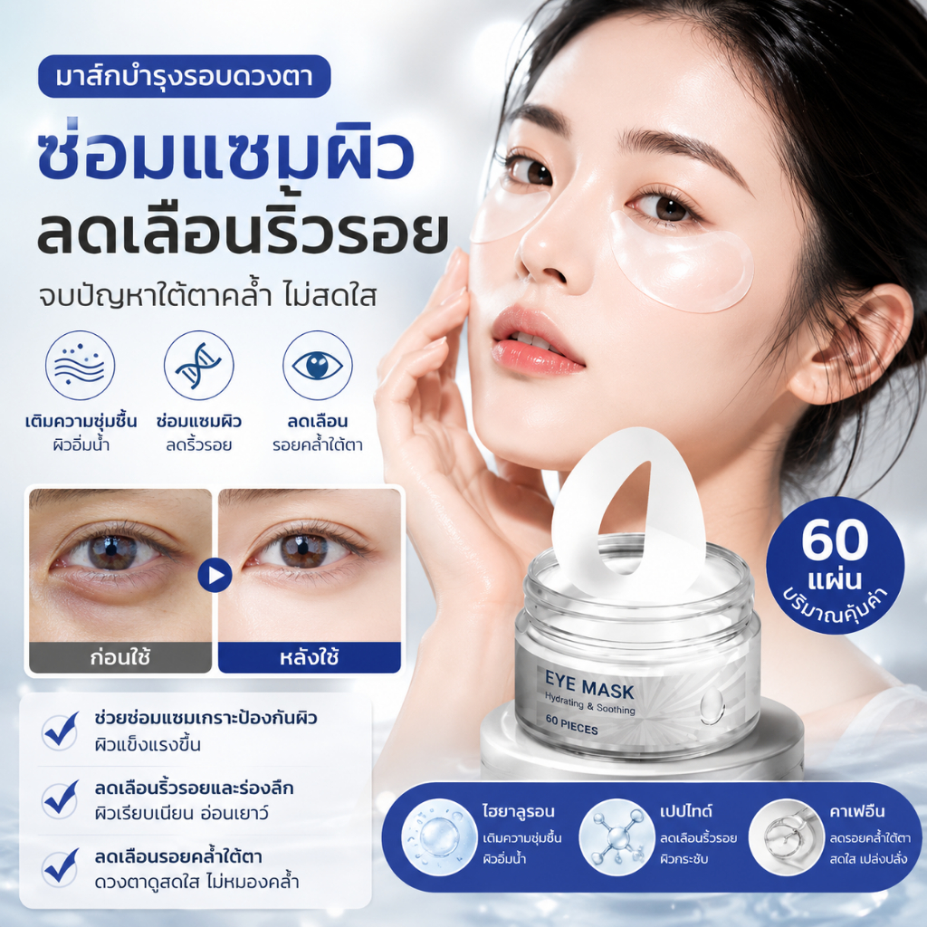 ( มีส่งด่วน ) มาส์กใต้ตา บำรุงผิวรอบดวงตา ลดรอยคล้ำใต้ตา ให้ความชุ่มชื้น ยกกระชับผิวรอบดวงตาทันที ฟื้นฟูผิวรอบดวงตา