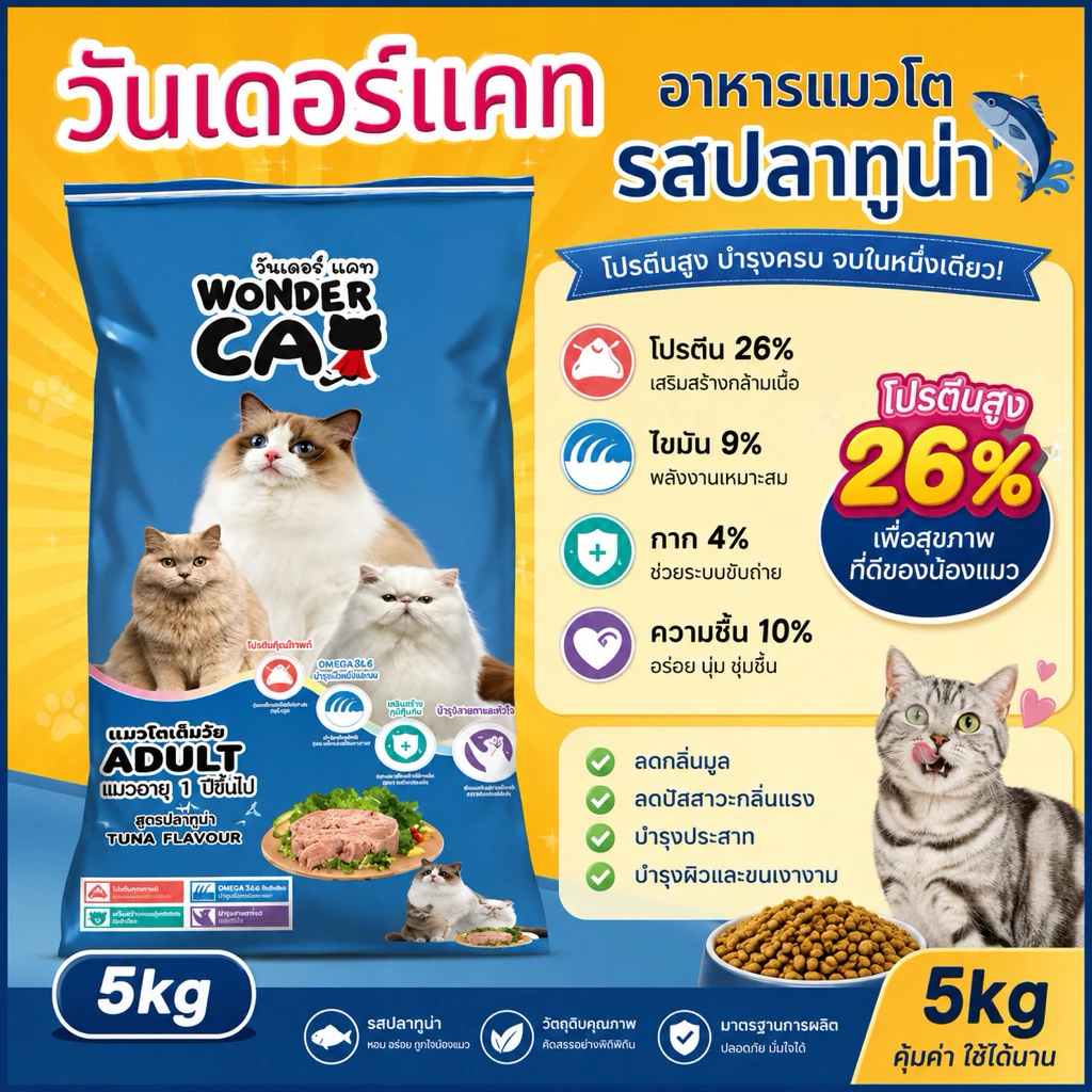 5กิโล อาหารแมววันเดอร์แคท รสทูน่า โปรตีน 26%