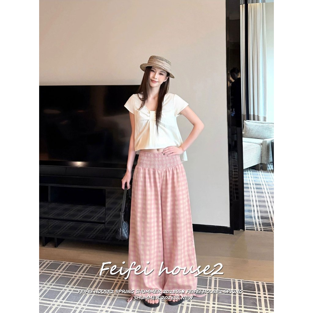 [Feifei-Color-block plaid trousers]กางเกงขากว้างฤดูร้อนสไตล์ลำลองลายตารางสีตัดมีเชือกรัดข้อเท้า