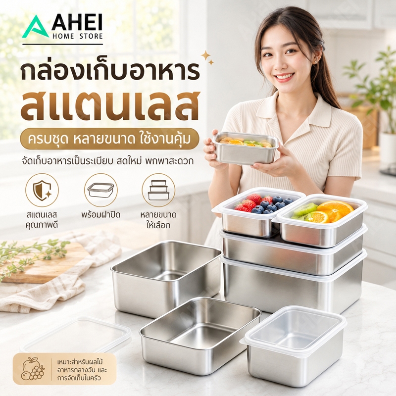 กล่องแสตนเลส 304ล่องใส่อาหารสแตนเลส ทรงสี่เหลี่ยมผืนผ้า พร้อมฝาปิด สําหรับเสิร์ฟอาหาร ก๋วยเตี๋ยว ผลไม้ มีฝาปิดพลา