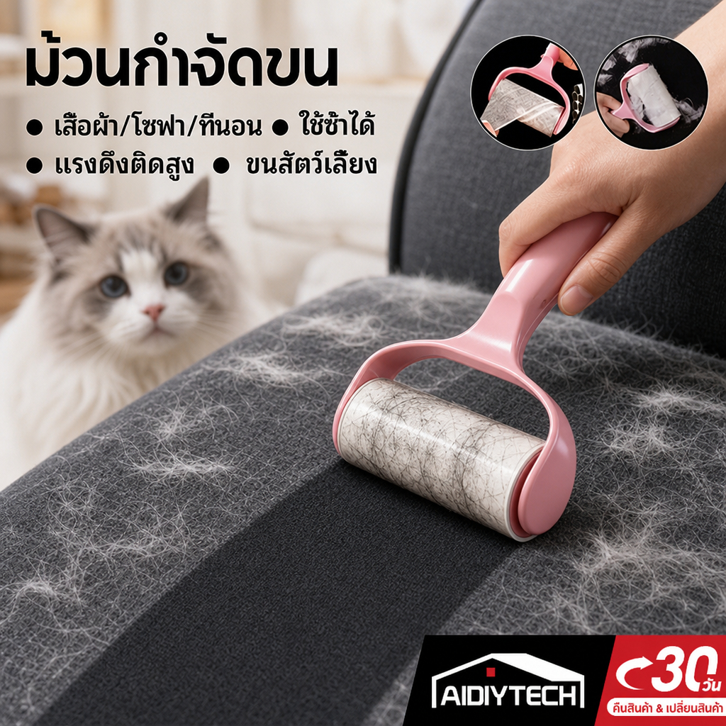 AIDIY ที่เก็บขนแมว ขนหมา ลูกกลิ้งกำจัดขน แรงดึงติดสูง ใช้กับโซฟา ที่นอน เสื้อผ้า แถมฟรีรีฟิลกาวเหนียว ส่งด่วนไทย [COD]