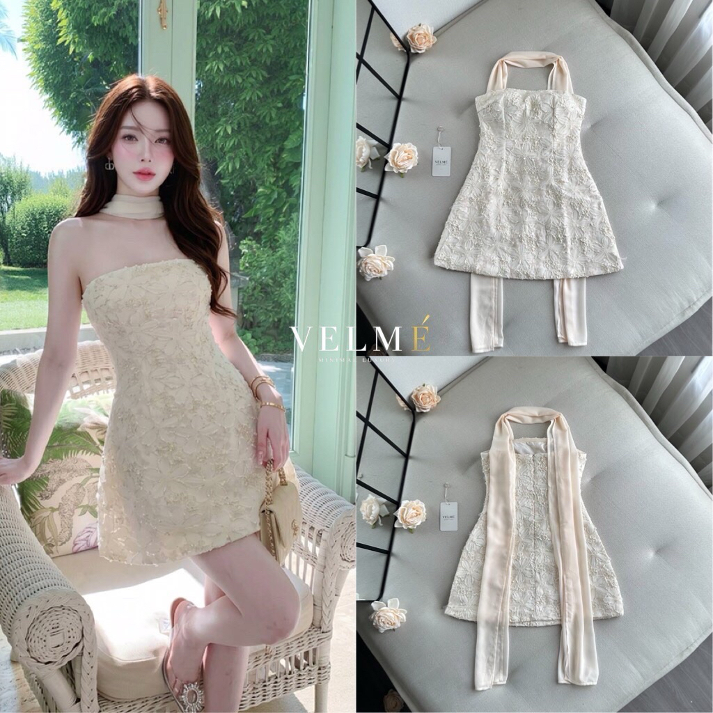 VM501 เดรสเกาะอกลูกไม้ปักดอก 3D พร้อมผ้าพันคอชีฟอง สีชมพูนู้ดหรูหรา VELME