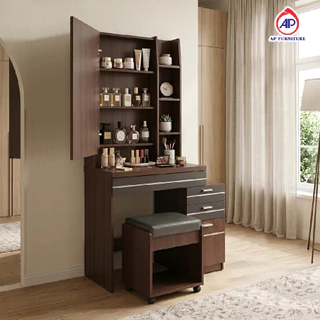 AP โต๊ะเครื่องแป้ง 80 ซม.พร้อมเก้าอี้สตูลมีล้อเลื่อน รุ่น DT-815 กระจกเปิดเก็บของได้ (ไม่รวมประกอบ)