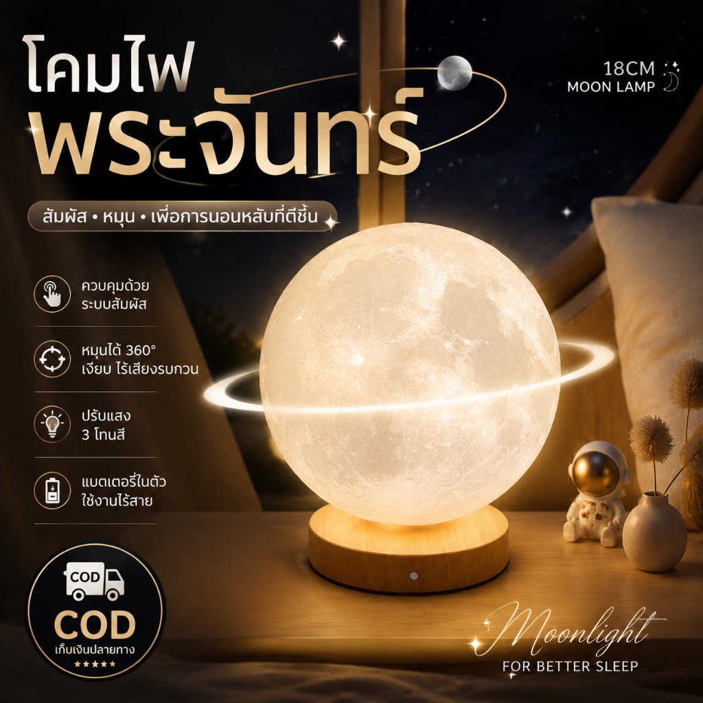 [ไม่ลอย] โคมไฟดวงจันทร์ 3D หมุนได้ ชาร์จ USB ตั้งโต๊ะ ข้างเตียง ห้องนอน แสงบรรยากาศ ของขวัญสร้างสรรค์