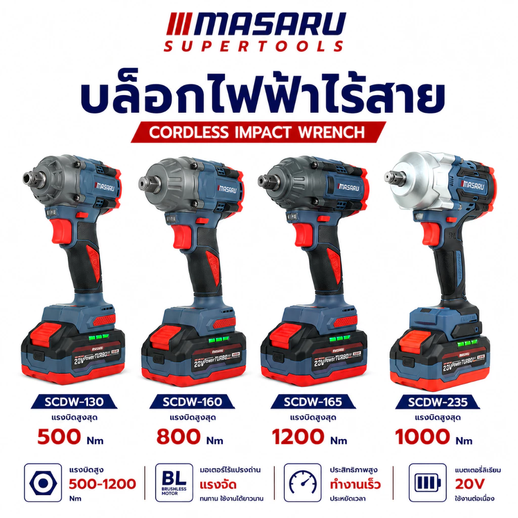 บล็อกไฟฟ้าไร้สาย MASARU SCDW-130/160/165/235 แรงบิด 500-1200Nm 20V บล็อกไฟฟ้า บล็อกไร้สาย