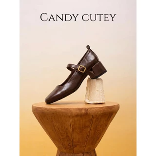 Candy Cutey รองเท้าแมรี่เจนส้นบล็อกผู้หญิง หัวเหลี่ยม หนังนิ่ม สายรัดปรับได้ สไตล์วินเทจ ใส่ได้ทุกโอกาส