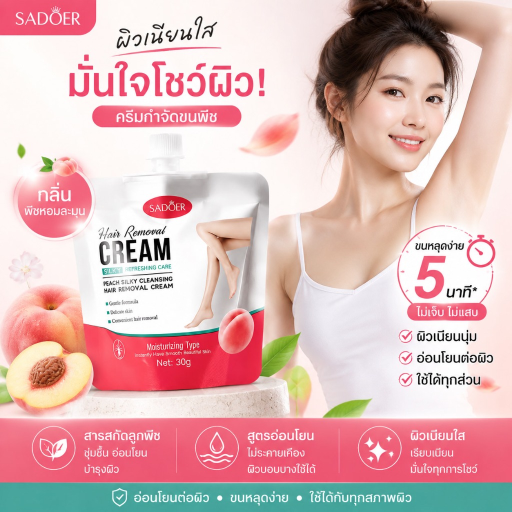 ครีมกำจัดขน กลิ่นพีช กำจัดขนเร็ว 5นาที สูตรอ่อนโยน ไม่ระคายเคือง ผิวเนียนใส ชุ่มชื้น ใช้ได้ทุกส่วน 30g SADOER