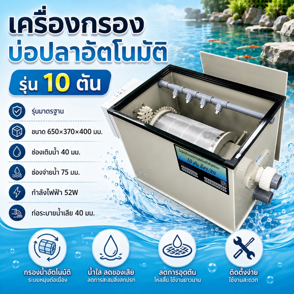 กรองน้ำบ่อปลา Drumfilter 10T วัสดุPP ทนต่อการกัดกร่อน ดรั๊มฟิวเตอร์กรองอัตโนมัต
