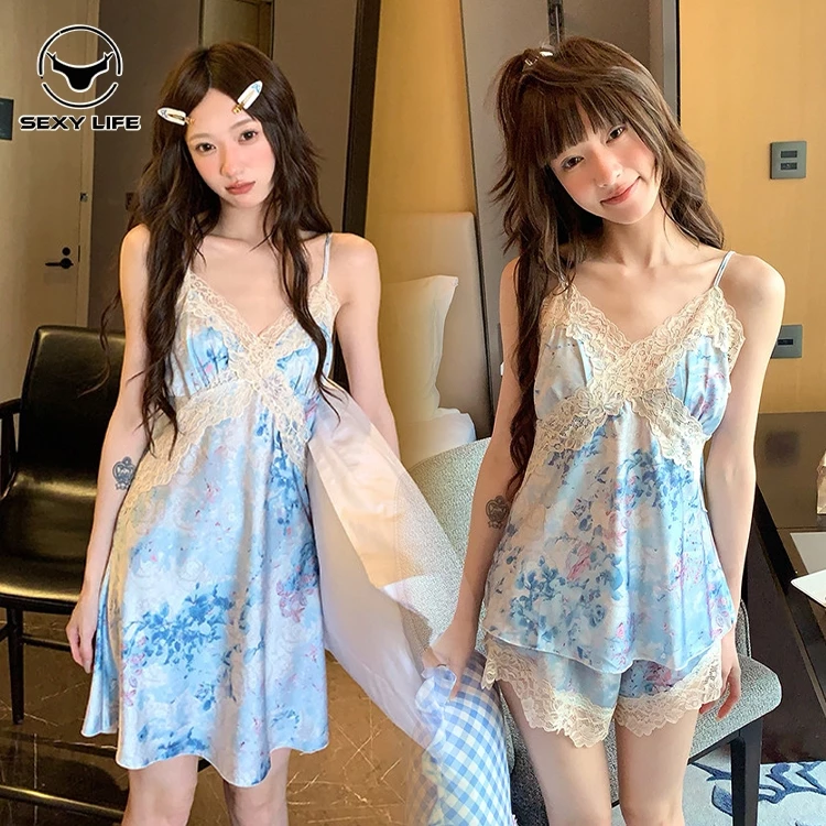 เดรสซาติน S-XL ลวดลายดอกไม้ คอวี ขอบลูกไม้ ชุดอยู่บ้าน ผ้าเนื้อนุ่มสบาย มีให้เลือกหลายสไตล์ ส่งไวจากไทย