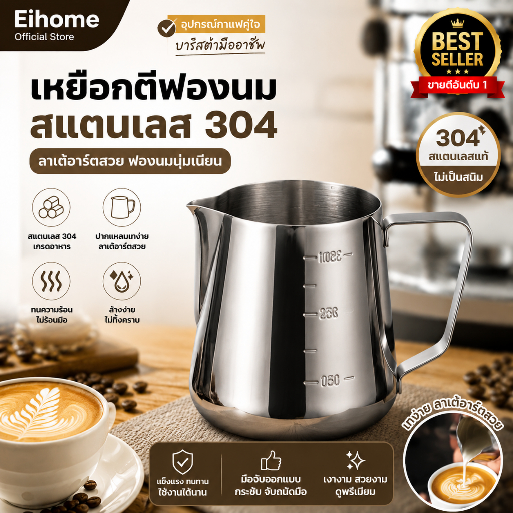 Eihome Milk Pitcher เหยือกลาเต้อาร์ต 304 ใช้ทำคาปูชิโน่ ลาเต้ ทนความร้อน ไม่เป็นสนิม มีสเกลขนาด