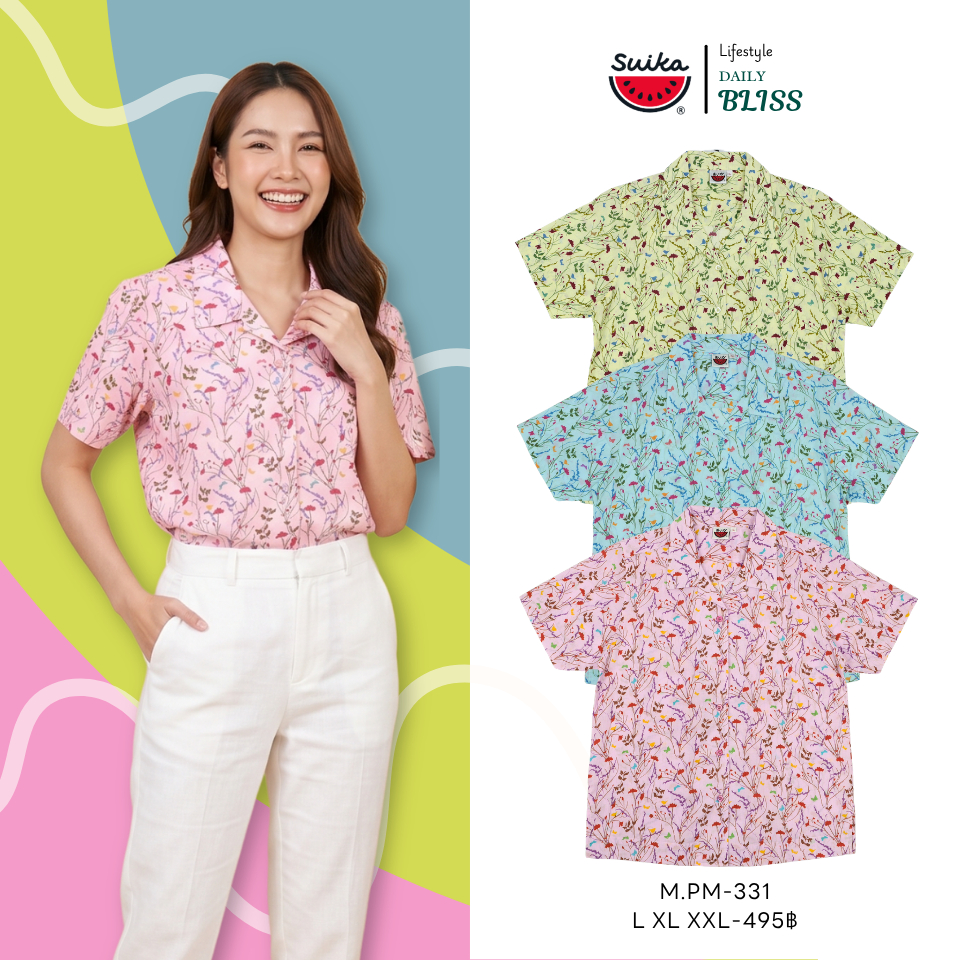 เสื้อแตงโม (SUIKA) แบบ: คอเชิ้ตฮาวายผ่าหน้าแขนสั้น ผ้าป่านมัสลิน ลายดอกไม้ (M.PM-331)