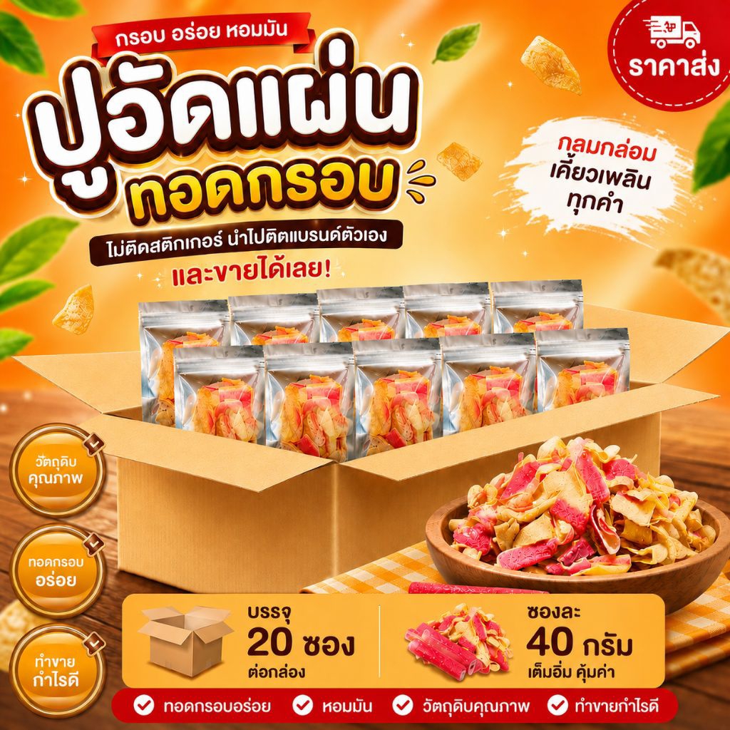 (ราคาส่ง+ไม่ติดสติ๊กเกอร์) ปูอัดแผ่นทอดกรอบ ยกลัง 60 ซอง ขนาดซองละ 40 กรัม