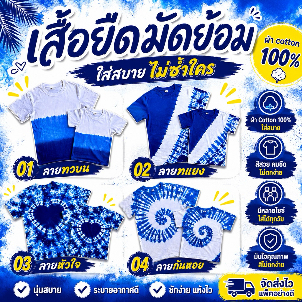 เสื้อยืดมัดย้อม Cotton 100% สีน้ำเงินขาว เสื้อแฟชั่น Tie Dye ชายหญิง มีหลายลาย S-5XL